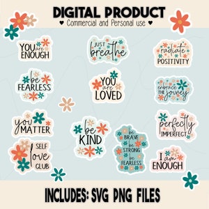 Inspirational positive affirmations boho aesthetic mental health quote PNG sticker bundle  trendy cute flower design print - cut or digital