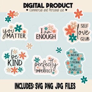 Boho aesthetic positive affirmations sticker Bundle  Inspiring mental health quotes Trendy floral design Digital & Printable PNGs