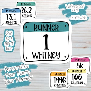 Running sticker personalized name runner bib number 12 marathon race 5k 10k run racing water bottle custom decal set of 4 decals Vinyl 2.75&quot;