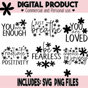 Trendy cute floral SVG design boho aesthetic mental health quote PNG bundle inspirational positive affirmations print & cut flower stencil