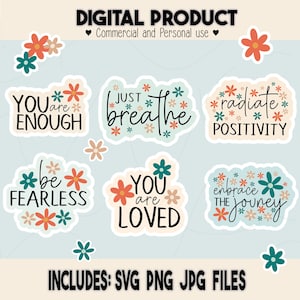 Boho aesthetic mental health quote PNG sticker bundle inspirational positive affirmations trendy cute floral design print and cut or digital