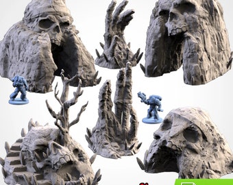 Cursed Ground Terrain - Set of 6 Skeleton Head and Hand Rocks | Txarli Factory
