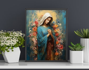 May include: A painting of a woman in a blue robe with a white veil, surrounded by colorful flowers. The woman is praying with her hands clasped together.