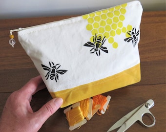 Honey Bee Zip Pouch, Hand Printed Fabric and Waxed Canvas Clutch