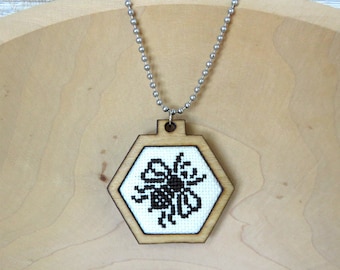 Honey Bee Cross Stitch Pendant, Modern Wearable Cross Stitch Mini Hoop, Cross Stitch Keepsake Bee Necklace