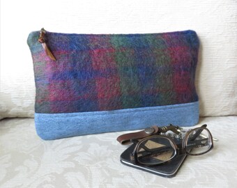 Large Wool and Denim Clutch, Blue Mohair Plaid, Upcycled Sweater Wool Zip Purse