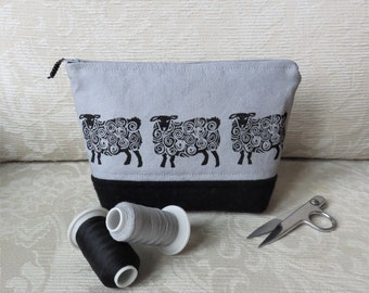 Sheep Zip Pouch No. 4, Hand Printed Fabric and Felted Wool Clutch in Gray and Black