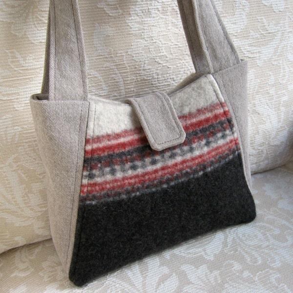 Eco Friendly Repurposed Wool and Denim Willow Handbag, Upcycled Purse in Oatmeal, Brown and Rust