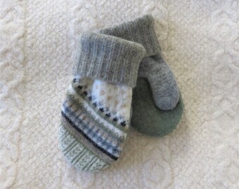 Upcycled Mittens for Kids, Felted Sweater Wool Mittens in Cream, Sage Green and Gray, Child Size M/L