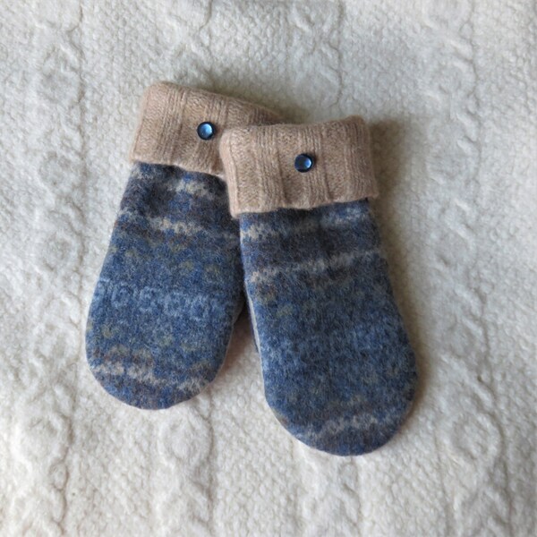 Felted Wool Mittens, in Blue and Beige, Eco-Friendly Lined Sweater Mittens