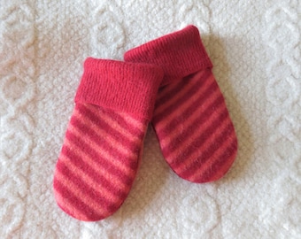 Upcycled Mittens for Kids, Felted Sweater Wool Mittens in Red and Coral Stripes, Child Size M/L