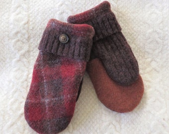 Sweater Wool Mittens in Brown and Copper Plaid, Eco-Friendly Repurposed Sweater Mittens