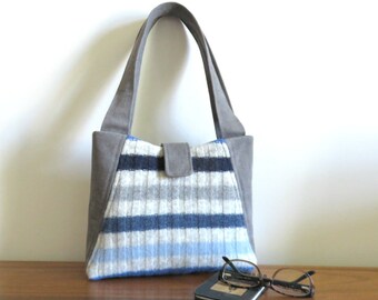 Willow Handbag in Gray and Blue and Stripes, Upcycled Felted Wool Sweater and Denim Purse