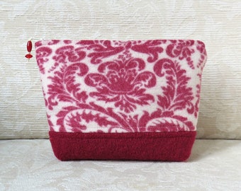 Red and White Floral Zip Pouch, Eco Friendly Upcycled Sweater Wool Clutch