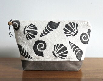 Summer Shells Zip Pouch, Hand Printed Fabric and Waxed Canvas Clutch