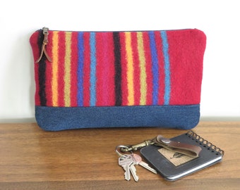 Large Wool and Denim Clutch, Upcycled Red Sweater Wool and Denim Zip Purse