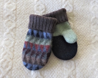Upcycled Mittens for Kids, Felted Sweater Wool Mittens in Brown, Navy and Green Geometric Pattern, Child Size M/L
