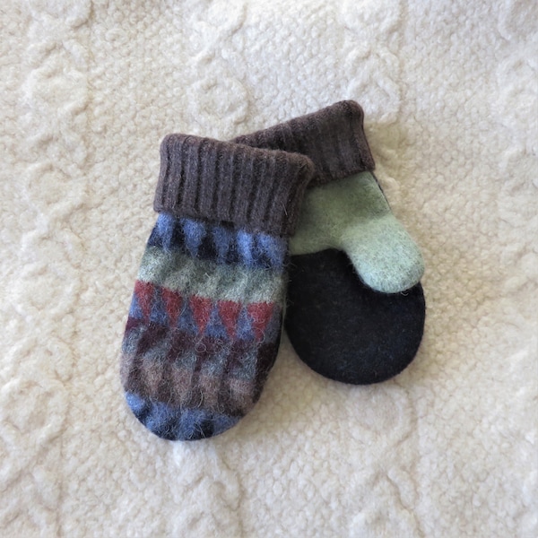 Upcycled Mittens for Kids, Felted Sweater Wool Mittens in Brown, Navy and Green Geometric Pattern, Child Size M/L