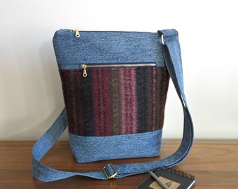 Sabrina Crossbody Bag in Navy and Plum Wool and Denim, Eco Friendly Repurposed Textile Purse