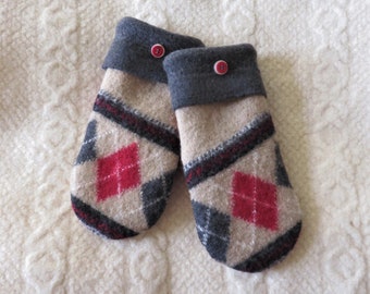 Sweater Wool Mittens in Beige, Gray and Red Argyle Pattern, Eco-Friendly Lined Adult Mittens