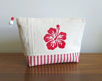 Red Hibiscus Zip Pouch, Hand Printed Fabric Clutch