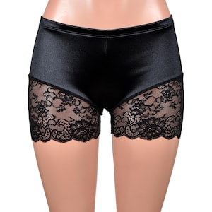 Black Stretch Satin Lace Leg Shorts low rise XS S M L XL 2XL 3XL plus size undershorts nylon spandex short comfortable elastic waist goth