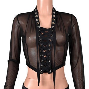 Pull court noir en résille à lacets XS S M L XL 2XL 3XL grande taille haut court transparent avec oeillets en métal et chemise gothique à manches longues