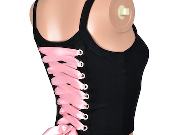 Top corto sin mangas con cordones en la espalda, color negro y rosa claro, con ojales S M L 0X XL 2X, de satén brillante pastel, con cordones tipo corsé / top corto de algodón y poliéster sin mangas