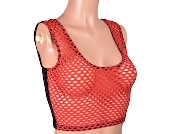Red and Black Fishnet Front Cropped Tank Top XS S M L XL 2X 3X wide net cabaret sheer stretch spandex mesh | sleeveless see-through shirt