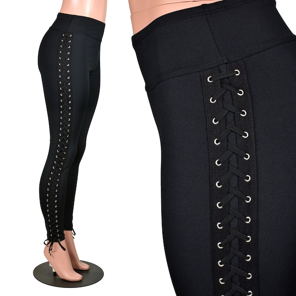 Black Side Lace-Up Leggings XS S M L XL 2xl 3xl plus size black athletic poly spandex corset stretch pants goth | Inseam 26/28/30/32 inches