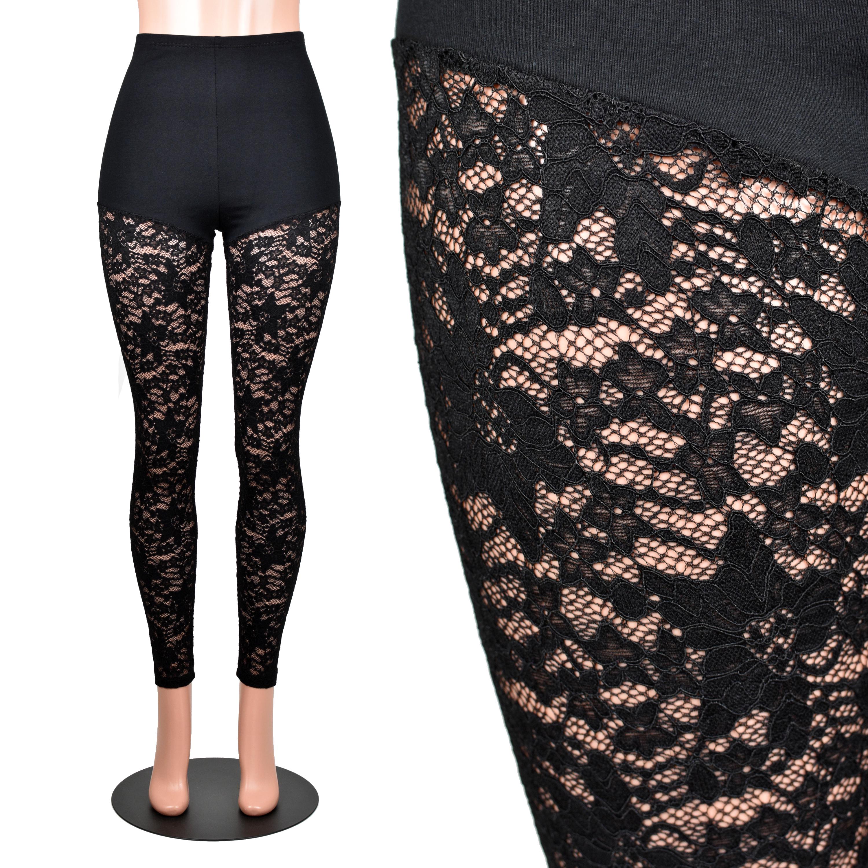 High-Waisted Black Cotton and Lace Leggings XS S M L XL 2XL 3XL stretch plus size | sheer see through | cotton nylon spandex | seamed tights
