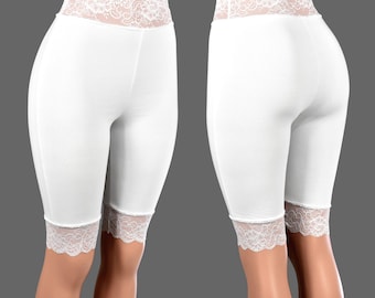 Knee Length High-Waisted White Stretch Lace Shorts XS S M L XL 2XL 3XL 4XL plus size cotton spandex long bike shorts undershorts wedding