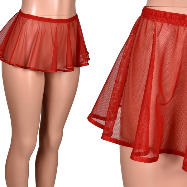 Red Mesh Micro Mini Skirt 8" long circle skirt XS S M L XL 2XL 3XL stretch Halloween costume lingerie sheer see-through elastic tutu style