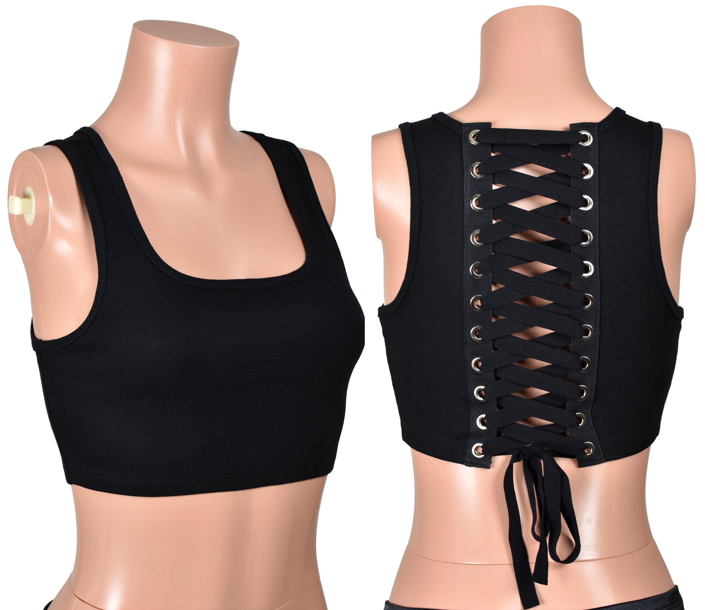 Black Lace-up Back Cropped Tank Top XS S M L 0X XL Corset Lacing