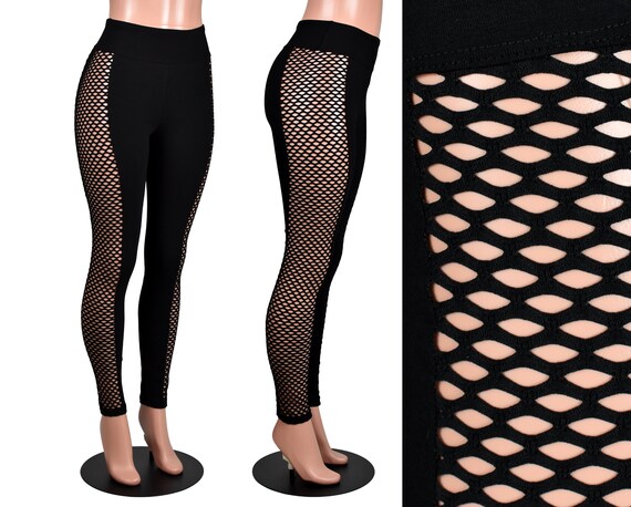 Sample Sale Size Medium Black Fishnet Side Leggings Soft Stretch Cotton Spandex High waist Sheer Side Cabaret Net Punk Gothic Etsy