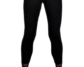 Black Cotton Spandex Lace-waist Leggings XS S M L XL 2XL 3XL 4XL Plus Size  Stretch High Waist High-waisted With Black Lace Trim Goth Gothic 