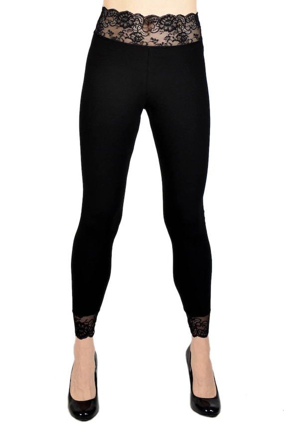 Buy Black Cotton Spandex Lace-waist Leggings XS S M L XL 2XL 3XL