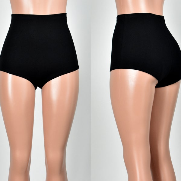 Organic Cotton Black High-Waisted Booty Shorts spandex XS S M L XL 2XL 3XL plus size stretch hot pants high rise underwear undies matte