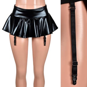 Shiny Black Metallic Micro Mini Skirt with Garter Straps XS S M L xl 2xl 3xl plus size lingerie short low rise flared gothic | metal garters