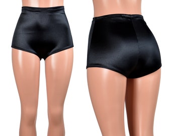 High-Waisted Black Stretch Satin Booty Shorts XS S M L XL 2XL 3XL plus size lingerie short high rise underwear undies nylon spandex