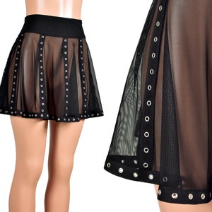 Black Mesh Vertical Grommet Skirt XS S M L XL 2XL 3xl plus size metal sheer see-through net goth gothic flared mini high-waisted high waist