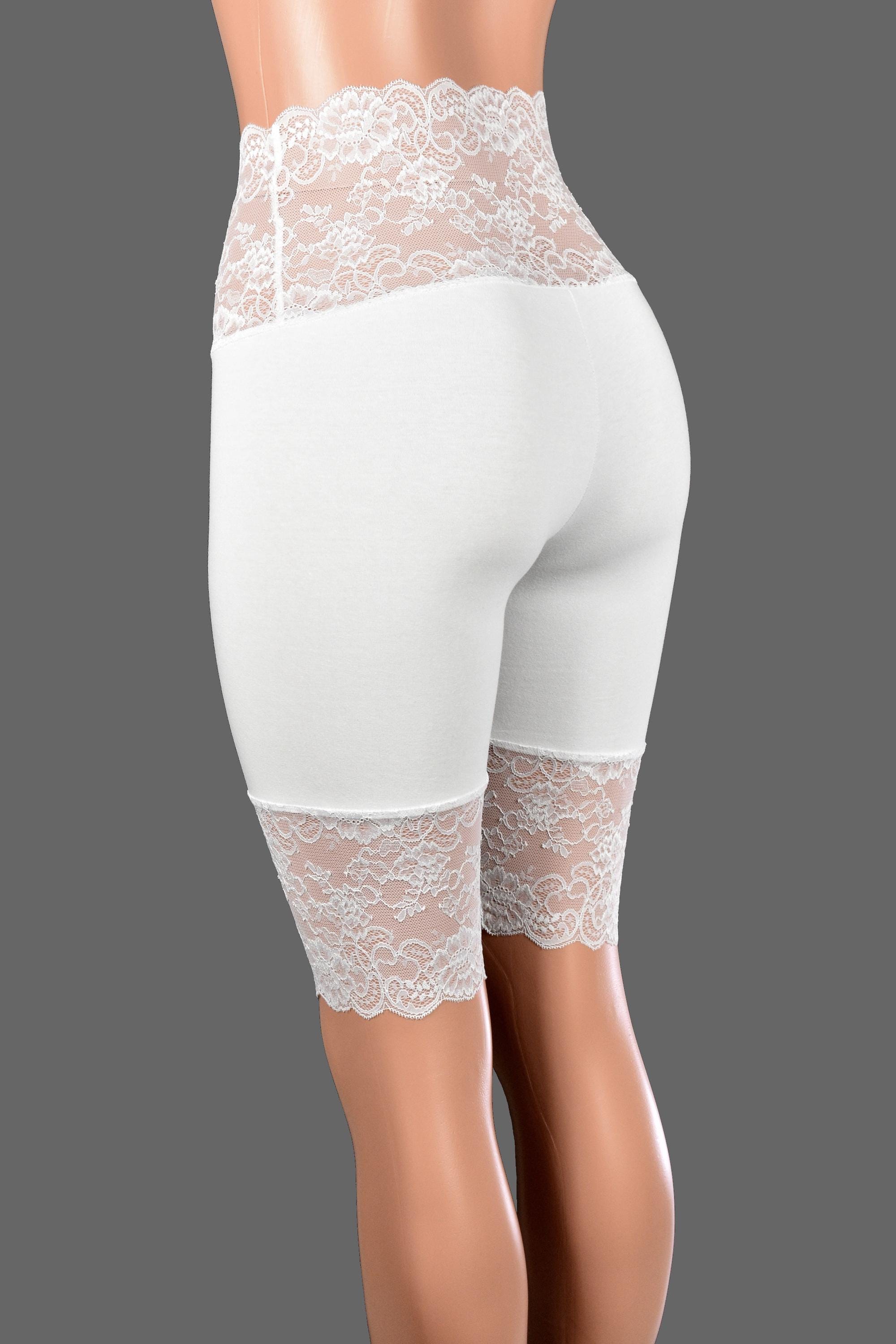 Knee Length Wide Waistband White Stretch Lace Shorts XS