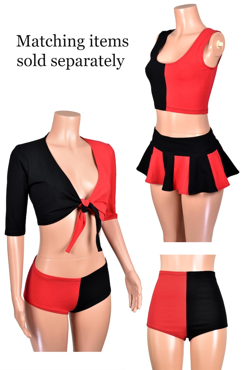 May include: A red and black two-tone clothing set featuring a tie-front crop top with half-length sleeves, a sleeveless tank top, a pleated mini skirt, and high-waisted shorts. The text "Matching items sold separately" is visible in the image.