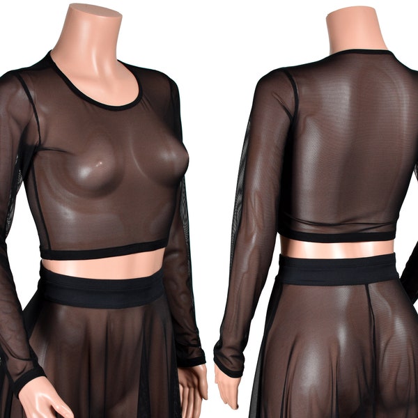 Zwarte mesh crop-top met lange mouwen XS SML 0X XL 2XL 3XL plus gotische doorschijnende maten | Shirt met lange mouwen en laagjes | zwembedekker