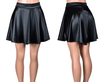Black Stretch Satin Skater Skirt (mini length) plus size XS S M L XL 2XL 3X 4X high-waisted fit and flare swing skirt retro vintage-inspired