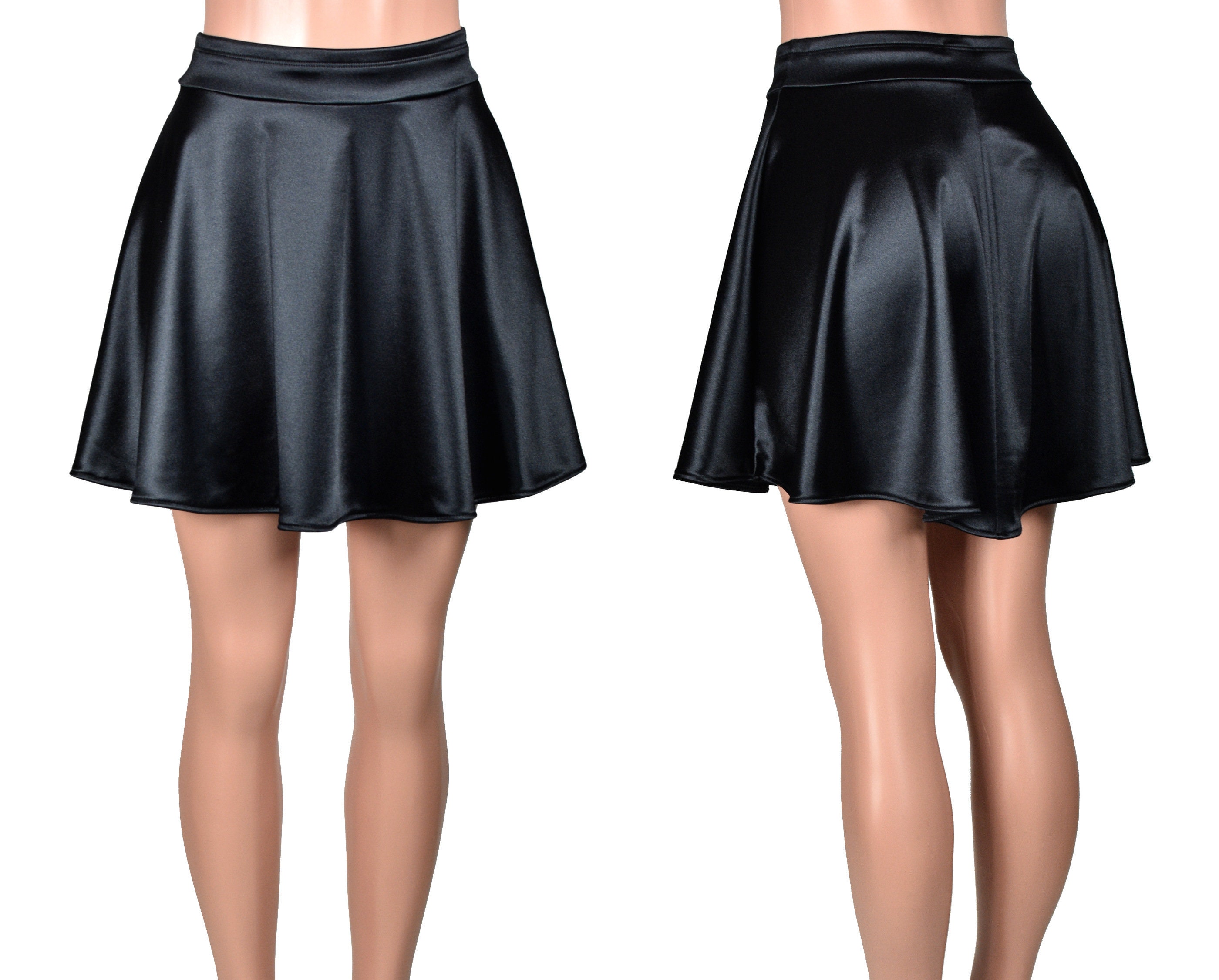 Black Stretch Satin Skater Skirt mini Length Plus Size XS S M L XL 2XL 3X  4X High-waisted Fit and Flare Swing Skirt Retro Vintage-inspired 