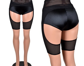 Mini-chaps courts en maille quadrillée noire transparente XS P M L XL 2xl 3xl stretch taille haute | Ajout OPTIONNEL de short booty en satin | lingerie gothique