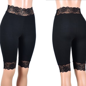 Knee Length High-Waisted Black Stretch Lace Shorts plus size goth bike shorts XS S M L XL 2XL 3XL 4XL Punk Short Leggings High Waist cotton