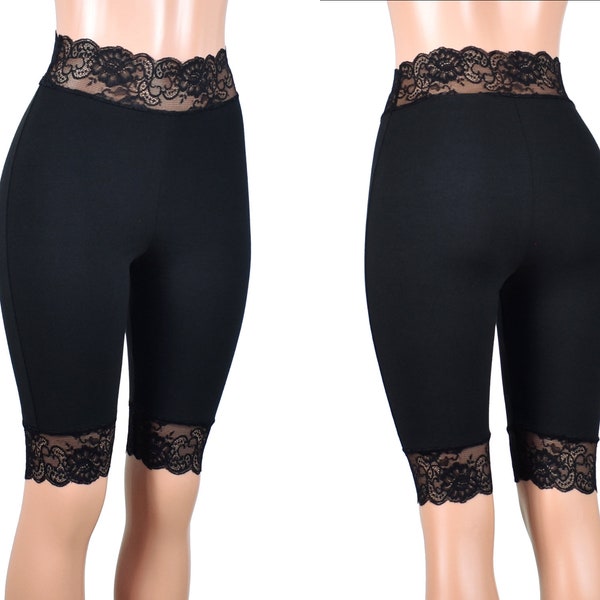 Knee Length High-Waisted Black Stretch Lace Shorts plus size goth bike shorts XS S M L XL 2XL 3XL 4XL Punk Short Leggings High Waist cotton