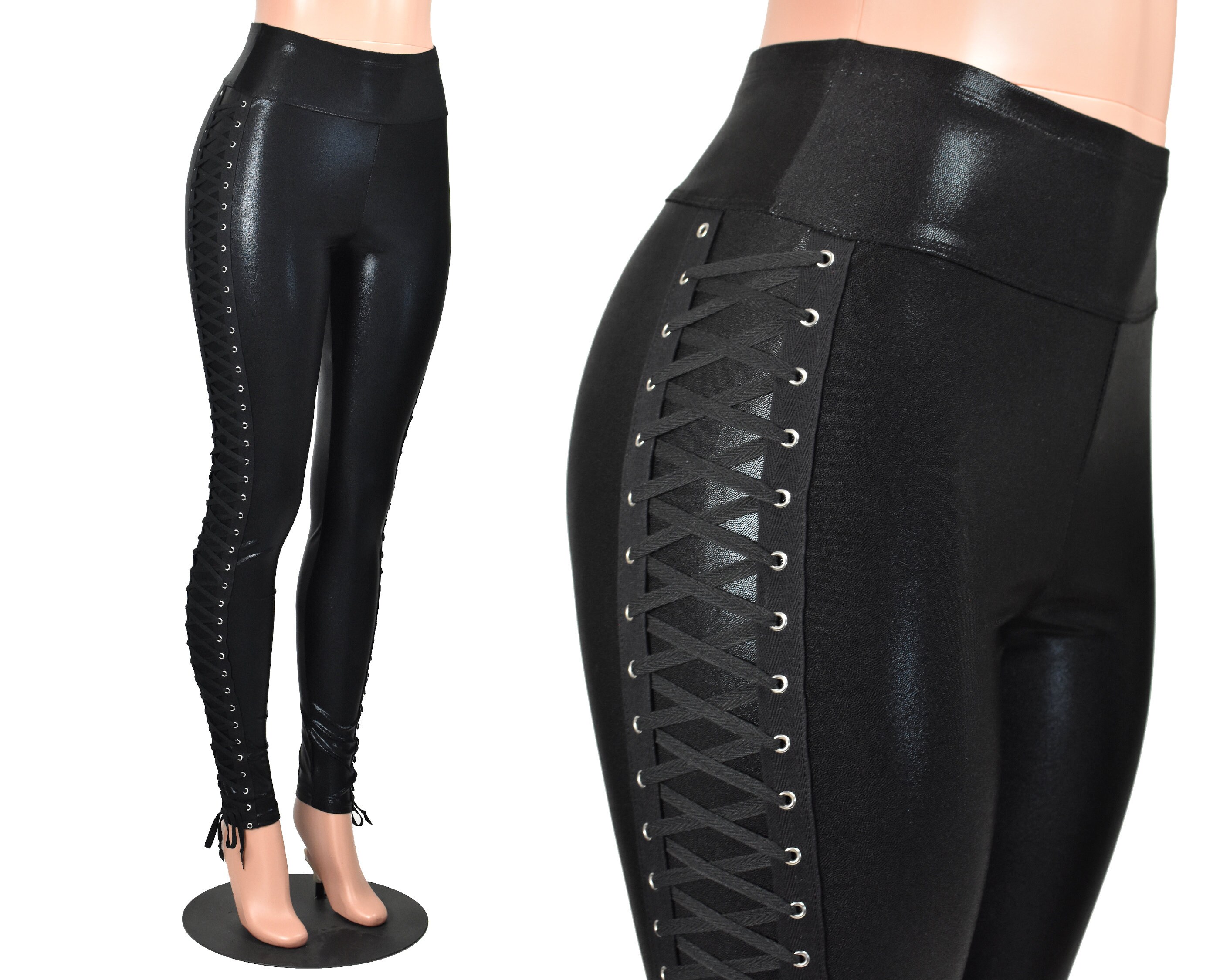 Shiny Metallic Black Lace-up Leggings 